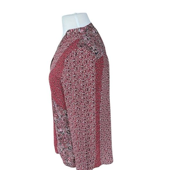 Zara Blouse Burgundy Floral Mixed Media Buttoned Pleated Pullover Top Medium - Picture 3 of 6